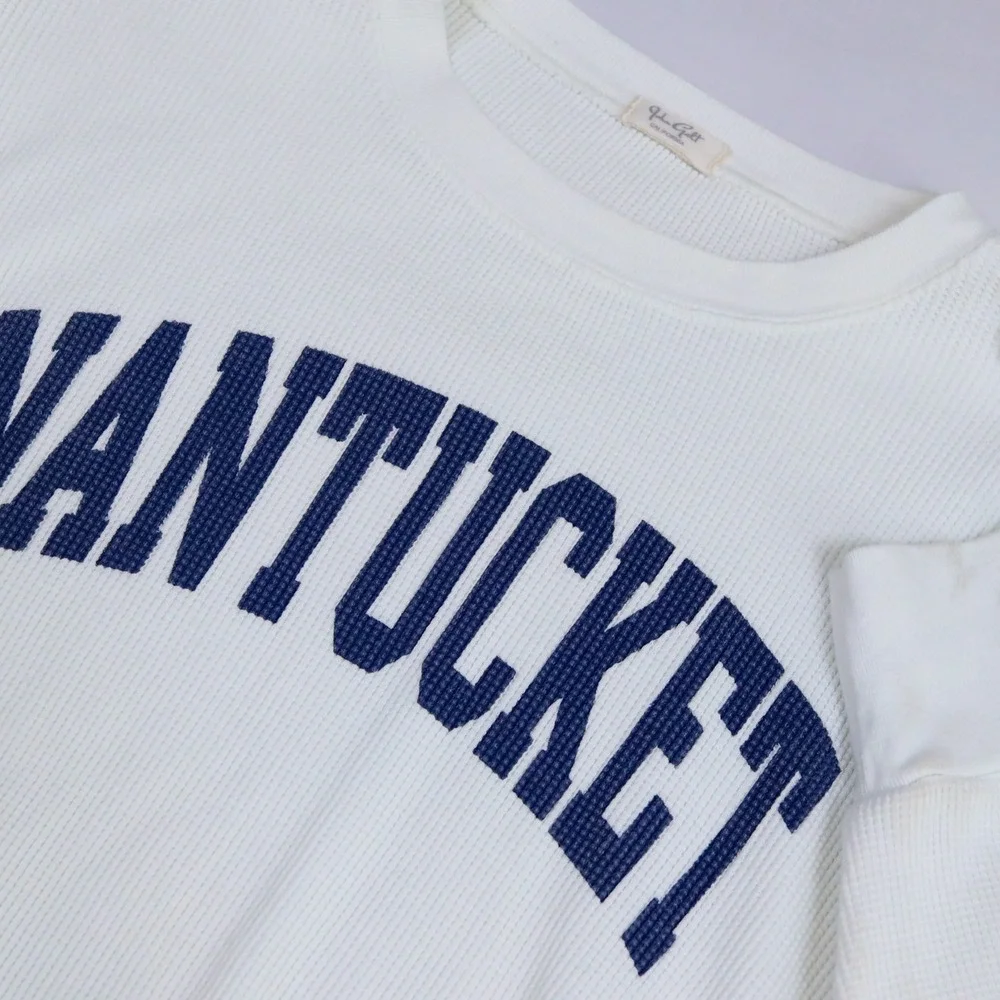 John Galt Nantucket Graphic Thermal Top Women OS White Blue Cropped Waffle Knit - Picture 2 of 13